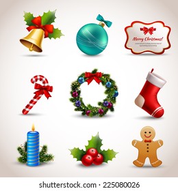 Christmas new year holiday decoration realistic icons set isolated vector illustration