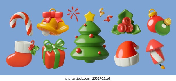 Decorações de Natal e Ano Novo coleção de ícones 3d. Árvore de Natal e meia, caixa de presente, sinos de jingle, baga de azevinho, fogos de artifício, cana de doces, chapéu de Papai Noel, confetes e ornamentos.