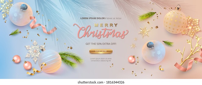 Christmas and New Year holiday design with effect light transparent shadow. Realistic Christmas balls and fir-tree branches. 3D vector illustration