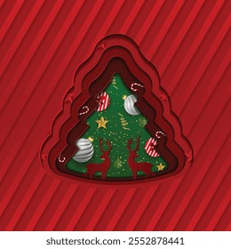 Christmas and New Year holiday design paper cut style red, green color vector background