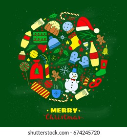 Christmas and New Year holiday doodle colored items composed in circle shape.