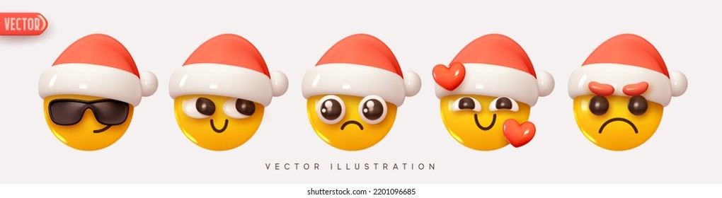 Christmas and New Year holiday emoticons collection. Set Icon Smile Emoji in Red Hat Santa Claus. Realistic Yellow Glossy 3d Emotions face. Pack 43. vector illustration