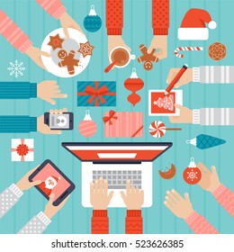 Christmas and New Year holiday family celebration around top view table. Flat lay