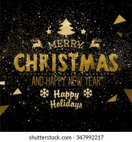 Christmas and New Year Holiday Geometry Design with Night Firework Background with Gold Sparks and Stars for Xmas Greeting Cards, Posters and Party Invitation Designs.