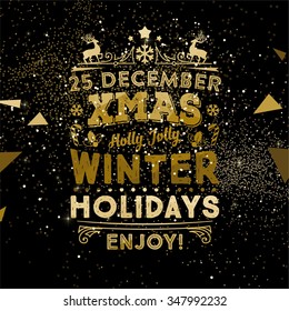 Christmas and New Year Holiday Geometry Design with Night Firework Background with Gold Sparks and Stars for Xmas Greeting Cards, Posters and Party Invitation Designs.