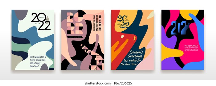 Christmas and New Year holiday gift cards. Set of Xmas banners, posters, flyers and brochures. Greeting cards with congratulations, group bright covers. Design Christmas 2022. Vector illustration.