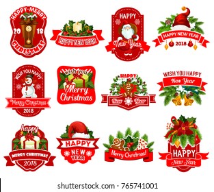 Christmas and New Year holiday gift label set. Xmas tree, Santa and snowman, holly wreath, bell and present box, ball, candy and cookie, adorned with snowflake and ribbon banner for Xmas badge design