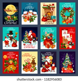 Christmas and New Year holiday greeting card set with Xmas festive symbols. Snowman, Santa and gift, Xmas tree, holly wreath, snowflake and bell, present, candy and cookie for winter holiday design