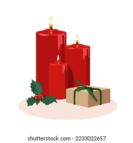 Christmas and New Year holiday greeting card with candle, holy and gift box . Vector illustration