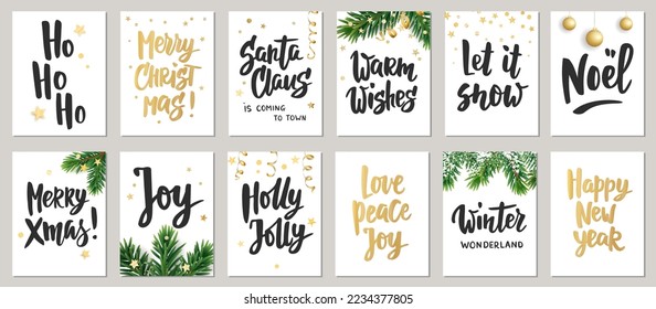 Tarjetas de felicitación navideñas y de Año Nuevo. Los deseos de Navidad. Grabación de pincel dibujado a mano. Decoración de invierno. Diablos, confeti y cintas. Diseño de navidad vectorial.