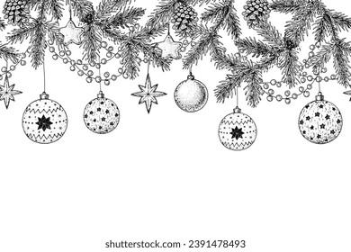 Christmas and New Year holiday. Greeting card. Christmas decoration. Horizontal seamless pattern. Hand drawn sketch. Vector illustration.