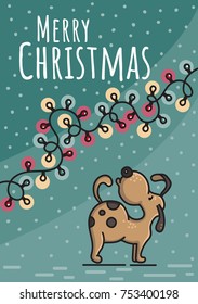 Christmas and New Year holiday greeting card. Hand drawn doodle vector illustration with cute dog, garland and snow. For winter posters, tags, invitations, labels, social media posts and scrapbooks.