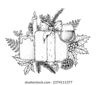 Christmas and New Year holiday. Hand drawn sketch, vector illustration. Greeting card. Christmas decoration. Christmas candles, holly berries, gift, fir twigs and cones.