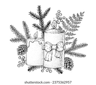 Christmas and New Year holiday. Hand drawn sketch, vector illustration. Greeting card. Christmas decoration. Christmas candles, holly berries, fir twigs and cones.