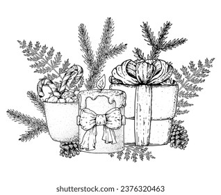 Christmas and New Year holiday. Hand drawn sketch, vector illustration. Greeting card. Christmas decoration. Christmas candle, gift, fir twigs and cones.