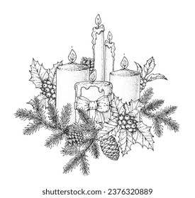 Christmas and New Year holiday. Hand drawn sketch, vector illustration. Greeting card. Christmas decoration. Christmas candles, holly berries, fir twigs and cones.