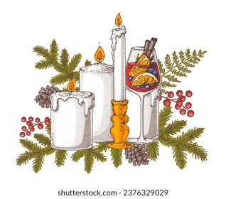 Christmas and New Year holiday. Hand drawn vector illustration. Greeting card. Christmas decoration. Christmas candles, holly berries, fir twigs and cones. 