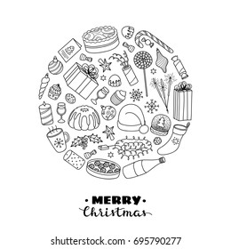 Christmas and New Year holiday hand drawn outline items composed in circle shape.