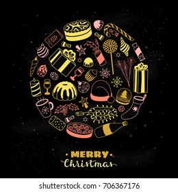 Christmas and New Year holiday hand drawn items composed in circle shape.
