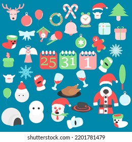 Christmas and New Year Holiday icons on blue background. Includes snowman, Santa Claus costume, balloons, hats, gloves, socks, snowflakes, baked chickens, calendars, trees, bows, gifts. flat vector.