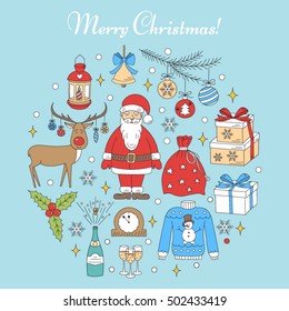 Christmas and New Year holiday icons set, with Santa Claus and xmas reindeer, hand drawn, vector illustration.