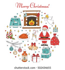Christmas and New Year holiday icons set, isolated on white background, hand drawn vector illustration.