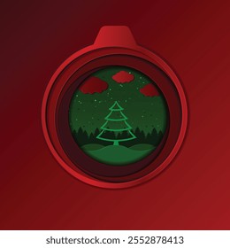 Christmas and New Year holiday illustration paper cut style red and green color background