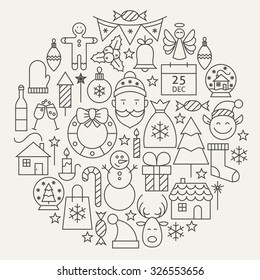 Christmas New Year Holiday Line Icons Set Circular Shaped. Vector Illustration of Decoration and Festival Cold Celebration Objects. Winter Holiday Items.