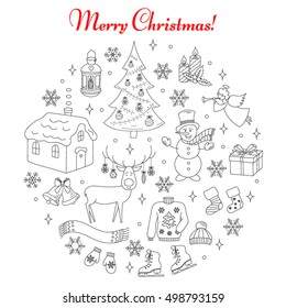 Christmas and New Year holiday line icons set, vector illustrations hand drawn. 