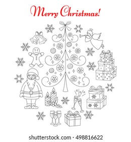 Christmas and New Year holiday line  icons set with Christmas tree and Santa Claus, isolated on white background, hand drawn, vector illustration.