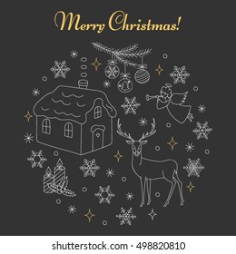 Christmas and New Year holiday line icons set, on chalkboard background, hand drawn vector illustration.