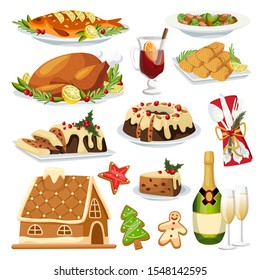 Christmas and New Year holiday menu design elements. Vector flat cartoon illustration. Traditional holiday home made meal. Roasted turkey, gingerbread, stollen cake and champagne.