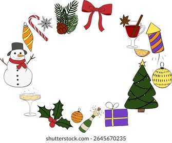 Christmas new year holiday objects, symbols and items. Frame oval  template. Vector graphic line ink illustration. Perfect for cards, decorations, stickers, logo, menu, various designs.