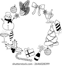 Christmas new year holiday objects, black and white symbols and items. Frame circle round template. Vector graphic line ink illustration. Perfect for cards, decorations, stickers, logo, menu