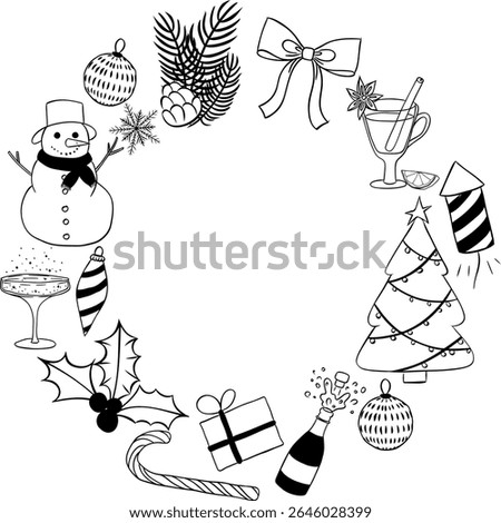 Christmas new year holiday objects, black and white symbols and items. Frame circle round template. Vector graphic line ink illustration. Perfect for cards, decorations, stickers, logo, menu