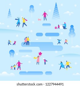 Christmas or  New Year holiday outdoor fair. Pleasant small characters of family, couple, and friends enjoying Christmas party. Colorful vector illustration in flat cartoon style.