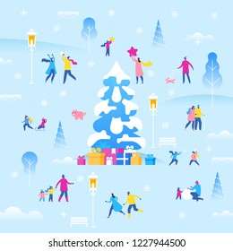 Christmas or  New Year holiday outdoor fair. Pleasant small characters of family, couple, and friends enjoying Christmas party. Colorful vector illustration in flat cartoon style.