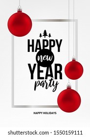 Christmas and New Year Holiday Party Ad Poster. Decorative Background with Toy Ball and Text.