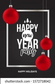 Christmas and New Year Holiday Party Ad Poster. Decorative Background with Toy Balls and Text.