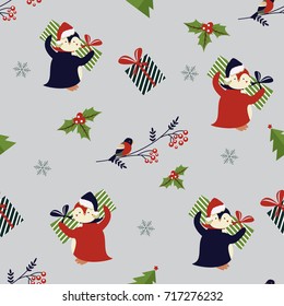 Christmas, New Year holiday pattern with cute penguins