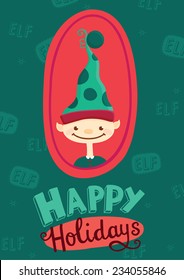 Christmas and New Year holiday postcard with funny elf cartoon character. Happy holidays greetings lettering typography. Vector illustration.