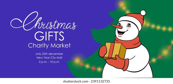 Christmas and New Year holiday poster, card, background. Snowman with gift, gift box in his hands. Bright lights, garlands, XMAS tree. Charity, shop sale, voucher template.
