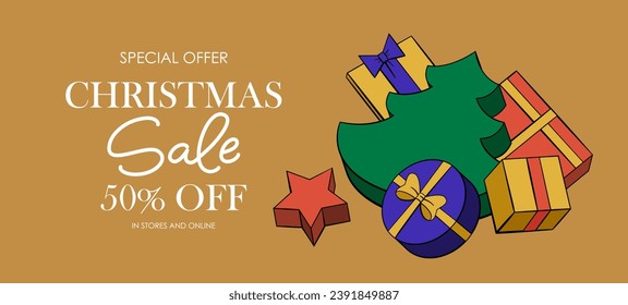 Christmas and New Year holiday poster, card, background.  Gifts, gift boxes. Shop sale, voucher template.