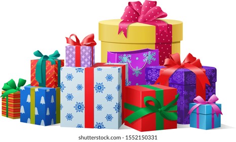 Christmas, new year holiday present boxes, gifts pile with bright wrapping, silk ribbon bows on copy space background. Realistic element, winter sale, discounts design symbol. Vector Illustration
