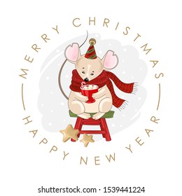 Christmas and New year holiday printing with mouse for wrapping paper or fabric with different elemets. Fashionable vintage style.