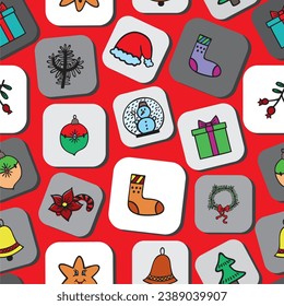 Christmas and New Year Holiday quilt vector seamless background, patchwork pattern with abstract geometric, simple shapes, celebration symbol, holiday food.
