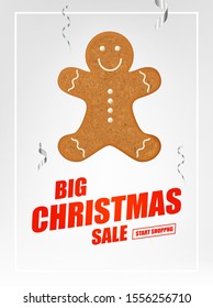 Christmas and New Year Holiday Sale Ad Poster. Decorative Background with Gingerbread Cookie and Text.