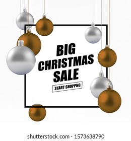 Christmas and New Year Holiday Sale Ad Poster. Decorative Background with Toy Ball and Text.