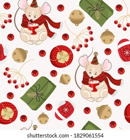 Christmas and new year holiday seamless pattern for wrapping paper or fabric with various elements.
 Cute Mice with Christmas decorations and elements.
