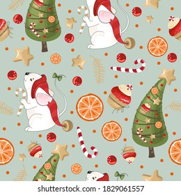 Christmas and new year holiday seamless pattern for wrapping paper or fabric with various elements.
 Cute Mice with Christmas decorations and elements.
